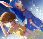  2girls :p adjusting_clothes adjusting_hat animal_ears blonde_hair blue_shirt blush brown_hat crescent_moon crop_top floppy_ears hat long_hair looking_at_viewer makuwauri midriff moon multiple_girls navel rabbit_ears red_eyes ringo_(touhou) seiran_(touhou) shirt short_hair short_sleeves smile star tongue tongue_out touhou yellow_shirt 