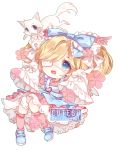  bangs bell blonde_hair blue_eyes bow cat chibi commission cutesu_(cutesuu) double_bun dress eyepatch floating frilled_dress frills hair_bow highres lilianei long_sleeves maid open_mouth original 