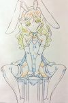 1girl animal_ears armpits boots cape carrot chair covered_navel elbow_gloves food_themed_ornament gloves hairband leotard looking_at_viewer makenai-chan original rabbit_ears sharekoube sitting sleeveless thigh-highs thigh_boots traditional_media wavy_hair 