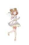  1girl :d bangs bare_shoulders beatrice_(princess_principal) bow brown_eyes brown_hair double_bun dress earrings facing_viewer flower frilled_dress frills full_body gloves hair_flower hair_ornament hand_up highres jewelry official_art open_mouth princess_principal princess_principal_game_of_mission short_hair smile solo standing standing_on_one_leg transparent_background white_bow white_dress white_gloves 