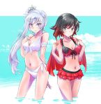  2girls bikini bikini_skirt black_hair blue_eyes breasts cleavage contrapposto cowboy_shot day eyebrows_visible_through_hair frilled_skirt frills gluteal_fold grey_eyes hand_on_own_chest highres iesupa long_hair looking_at_viewer multicolored_hair multiple_girls navel outdoors red_bikini redhead ruby_rose rwby short_hair side_ponytail silver_hair skirt small_breasts swimsuit two-tone_hair very_long_hair wading weiss_schnee white_bikini 