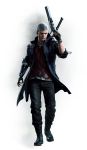  1boy absurdres blue_rose_(gun) capcom devil_may_cry devil_may_cry_5 facial_hair full_body gun handgun highres jacket jewelry long_hair looking_at_viewer mechanical_arm necklace nero_(devil_may_cry) official_art prosthesis prosthetic_arm red_queen_(sword) silver_hair simple_background solo stubble very_long_hair weapon weapon_on_back 