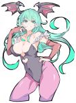  animal_print bat_print bat_wings breasts bridal_gauntlets capcom cleavage demon_girl enpe green_hair head_wings heart_cutout highres leotard long_hair morrigan_aensland nail_polish pantyhose print_legwear purple_legwear purple_wings succubus vampire vampire_(game) wings 