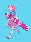  1girl absurdres blue_background blue_eyes closed_mouth forehead_jewel full_body highres leiana_nitura pearl_(steven_universe) pointy_nose puffy_short_sleeves puffy_sleeves ribbon see-through short_sleeves simple_background spoilers steven_universe sword walking weapon white_skin 