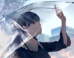  1girl arm_up bangs black_hair blurry blurry_background building commentary_request eyebrows_visible_through_hair grey_eyes hair_ribbon highres holding holding_umbrella lips long_hair looking_up original outdoors parted_lips petals ponytail rain ribbon shirt sky solo sousou_(sousouworks) transparent_umbrella tree umbrella upper_body 
