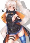  1girl ahoge argyle argyle_legwear asymmetrical_legwear bangs black_gloves black_jacket black_shirt blue_legwear blue_skirt blush breasts brown_eyes clenched_teeth commentary_request eyebrows_visible_through_hair girls_frontline gloves goggles goggles_around_neck hair_between_eyes hair_ornament hair_scrunchie highres jacket light_brown_hair long_hair long_sleeves looking_at_viewer medium_breasts miniskirt off_shoulder open_clothes open_jacket orange_scrunchie paravene parted_lips pkp_(girls_frontline) pleated_skirt scrunchie shadow shirt side_ponytail sidelocks signature single_thighhigh skirt sleeveless sleeveless_shirt solo spoken_squiggle squiggle teeth thick_eyebrows thigh-highs thigh_strap tsurime very_long_hair white_background 