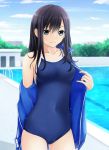  1girl black_hair blue_eyes blue_jacket blue_swimsuit blurry breasts competition_school_swimsuit cowboy_shot depth_of_field jacket long_hair looking_at_viewer medium_breasts nonaka_ritsu open_clothes open_jacket original pool school_swimsuit solo standing swimsuit 