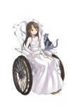  1girl animal blue_eyes braid brown_eyes brown_hair cat clothed_animal dress formal full_body hand_on_lap highres long_hair looking_at_viewer official_art princess_principal princess_principal_game_of_mission shirley_collins smile suit wheelchair white_dress 