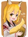  1girl :d animal_ears apron artist_request blonde_hair blush fang flower fox_ears fox_tail hair_between_eyes hair_flower hair_ornament highres japanese_clothes looking_at_viewer medium_hair open_mouth ribbon-trimmed_clothes ribbon_trim senko_(sewayaki_kitsune_no_senko-san) sewayaki_kitsune_no_senko-san simple_background smile solo tail tail_grab yellow_eyes 