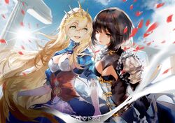  2girls absurdres black_dress black_hair black_skirt blonde_hair blue_dress blue_skirt breasts brown_eyes cleavage cleavage_cutout dress earrings elbow_gloves erika_(shadowverse) floating_hair flower gloves green_eyes hair_ornament highres jewelry long_hair medium_breasts messikid multiple_girls open_mouth shadowverse short_hair skirt smile white_gloves 