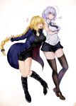  2girls absurdres ahoge bangs black_dress blonde_hair blush boots braid breasts commentary_request dress fate/grand_order fate_(series) highres janne_d&#039;arc jeanne_d&#039;arc_(alter)_(fate) jeanne_d&#039;arc_(fate) jeanne_d&#039;arc_(fate)_(all) knee_boots large_breasts loafers long_hair long_jacket multiple_girls necktie nozoyuki pale_skin pout shoes short_dress short_hair shorts silver_hair single_braid sleeveless squiggle thigh-highs white_background yellow_eyes 