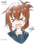  &gt;_&lt; 1girl blue_sailor_collar blush brown_hair dated facing_viewer folded_ponytail gurande_(g-size) hair_between_eyes highres inazuma_(kantai_collection) kantai_collection no_nose open_mouth sailor_collar simple_background solo upper_body white_background 