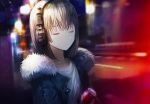  1girl blurry blurry_background brown_hair closed_eyes depth_of_field dr_pepper fur_trim hairband headphones jacket looking_at_viewer mole mole_under_eye night open_clothes open_jacket original outdoors parted_lips shirt short_hair solo standing tlla upper_body white_shirt 