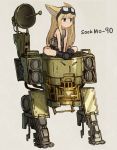  1girl blonde_hair blue_eyes copyright_request expressionless goggles goggles_on_head grey_background highres long_hair machine satellite_dish simple_background sitting sleeveless solo sookmo 