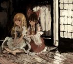  2girls absurdres apron ashiyama_yoshinori bare_shoulders barefoot black_hair blonde_hair bow brown_eyes detached_sleeves hair_bow hair_tubes hakurei_reimu hands_clasped highres kirisame_marisa large_bow long_hair multiple_girls own_hands_together sitting sitting_on_lap sitting_on_person skirt skirt_set touhou waist_apron 