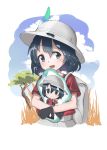 1girl absurdres animal_ears_(artist) backpack bag black_hair blush bucket_hat commentary_request eyebrows_visible_through_hair feathers gloves hat highres holding_object kaban_(kemono_friends) kemono_friends shirt short_hair short_sleeves shorts solo t-shirt 