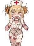  1girl bandage bandaged_arm bandaged_leg blonde_hair blood bloody_bandages bloody_clothes blush boku_no_hero_academia collared_shirt double_bun fangs hat looking_at_viewer nurse nurse_cap sharp_teeth shirt simple_background slit_pupils solo sookmo teeth toga_himiko white_background white_shirt yellow_eyes 