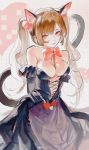  absurdres animal_ears black_dress black_skirt breasts brown_hair cat_ears cat_tail d.va_(overwatch) detached_sleeves dress hair_ornament hair_ribbon highres large_breasts long_hair long_sleeves messikid overwatch pink_ribbon red_eyes ribbon skirt tail twintails 