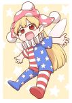  1girl :d american_flag_dress american_flag_legwear blonde_hair blush chibi clownpiece commentary_request fairy_wings hat jester_cap looking_at_viewer open_mouth outstretched_arms pantyhose poronegi red_eyes short_sleeves smile solo spread_arms star star_print starry_background touhou wings yellow_background 
