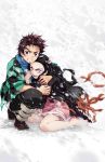  1boy 1girl absurdres asa_no_ha_(pattern) bare_legs barefoot black_hair brother_and_sister burn_scar checkered clenched_teeth earrings fangs highres hug japanese_clothes jewelry kamado_nezuko kamado_tanjirou key_visual kimetsu_no_yaiba kimono long_hair official_art open_mouth pink_eyes scar scarf short_hair siblings sitting slit_pupils snow snowing tabi teeth violet_eyes yokozuwari 