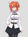  1girl black_legwear black_skirt blush breasts closed_mouth commentary_request contrapposto fate/grand_order fate_(series) fujimaru_ritsuka_(female) grey_background hair_ornament hair_scrunchie jacket large_breasts long_sleeves looking_at_viewer one_side_up orange_eyes orange_hair pantyhose pleated_skirt rimo scrunchie simple_background skirt smile solo thigh_gap white_jacket 