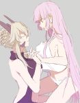  2girls artoria_pendragon_(all) artoria_pendragon_(lancer_alter) bare_shoulders blonde_hair braid center_opening closed_eyes fate/grand_order fate_(series) hand_holding highres horns long_hair medb_(fate/grand_order) midriff multiple_girls navel open_mouth panties sweat tank_top turtleneck underwear very_long_hair violet_eyes yama_(ymmm_66) 
