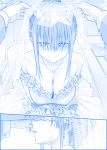  1girl bare_shoulders blue bouquet breasts cleavage closed_mouth commentary_request crying dress earrings flower getsuyoubi_no_tawawa hair_bun hair_over_eyes himura_kiseki jewelry large_breasts lips looking_at_viewer maegami-chan_(tawawa) monochrome multiple_views necklace parted_lips sidelocks smile solo_focus sparkle strapless strapless_dress streaming_tears tearing_up tears veil veil_lift wedding wedding_dress 