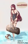  1girl alternate_costume arm_behind_back bag ball bangs bare_shoulders beachball black_swimsuit blush breasts casual_one-piece_swimsuit character_name choker cleavage covered_navel e-_-cho eyebrows_visible_through_hair full_body girls_frontline groin hair_over_shoulder highres holding holding_bag in_water large_breasts long_hair looking_away one-piece_swimsuit open_mouth purple_hair red_eyes sandals sidelocks skindentation solo standing swimsuit thigh_strap thighs very_long_hair wa2000_(girls_frontline) weapon_bag 