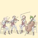  4girls ahoge akigumo_(kantai_collection) ascot bangs black_bow blue_eyes blue_neckwear blunt_bangs boots bow bow_(instrument) brown_hair cello chair closed_eyes cross-laced_footwear green_hair grey_legwear hair_bow hair_bun instrument kantai_collection kazagumo_(kantai_collection) kito_3_tyoki-tyoki lace-up_boots long_hair long_sleeves looking_at_another makigumo_(kantai_collection) mole mole_under_mouth multiple_girls music one_eye_closed orange_background pantyhose pink_hair playing_instrument pleated_skirt ponytail school_uniform shirt sitting skirt smile smug string_quartet very_long_hair viola_(instrument) violin white_shirt yuugumo_(kantai_collection) 