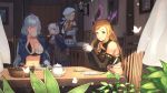  4girls ahoge bangs bare_shoulders beret blonde_hair blue_eyes blush braid breasts brown_eyes brown_hair camieux chair cleavage closed_mouth collarbone commentary_request crop_top cucouroux_(granblue_fantasy) curtains detached_sleeves draph drinking elbows_on_table eyebrows_visible_through_hair gloves granblue_fantasy hair_between_eyes hair_ornament hair_ribbon hairband hat head_wings height_difference indoors lamp large_breasts long_hair long_sleeves looking_at_viewer looking_to_the_side medium_breasts midriff miniskirt multiple_girls navel open_mouth ribbon short_twintails silva_(granblue_fantasy) silver_hair sitting skirt smile song_(granblue_fantasy) table teapot thigh-highs twin_braids twintails very_long_hair wasabi60 wavy_hair window wooden_floor wooden_wall 