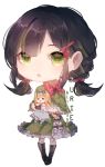  bangs black_hair bow braid chibi commission doll dress frills green_dress green_eyes green_hair hair_ornament hairclip holding lilianei looking_at_viewer multicolored_hair open_mouth original short_hair short_twintails stuffed_toy twintails 