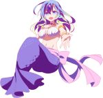  1girl :d bikini_top blue_eyes blue_hair breasts fuchima hair_ornament hand_on_own_chest hip_bones laira_(no_game_no_life) large_breasts mermaid monster_girl multicolored_hair no_game_no_life open_mouth pink_ribbon ribbon smile 