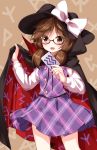  1girl :d black_hat bow brown_eyes brown_hair cape card cowboy_shot glasses hat hat_bow highres long_sleeves looking_at_viewer low_twintails open_mouth plaid plaid_shirt plaid_skirt red-framed_eyewear ruu_(tksymkw) semi-rimless_eyewear shirt skirt smile solo touhou twintails under-rim_eyewear usami_sumireko white_bow 