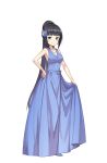 1girl black_hair blue_dress blue_eyes blush dress earrings full_body hair_ornament hand_on_hip highres jewelry josie_rosebud long_hair looking_at_viewer mole mole_under_eye necklace official_art ponytail princess_principal princess_principal_game_of_mission skirt_hold smile standing very_long_hair 