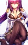  black_legwear black_skirt breasts cleavage dress fate/grand_order fate_(series) gloves highres large_breasts licking_lips long_hair looking_at_viewer miniskirt pantyhose scathach_(fate/grand_order) silly_(marinkomoe) skirt straight_hair tongue tongue_out uniform violet_eyes white_dress white_gloves 