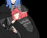  2girls aunt_and_niece black_background black_cloak black_gloves blue_eyes blue_hair braid caster choker circe_(fate/grand_order) fate/grand_order fate_(series) finger_to_mouth gloves hair_between_eyes hollomaru long_hair looking_at_viewer looking_back multiple_girls nail_polish pink_hair pink_nails pointy_ears short_hair smile twin_braids yuri 