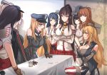  6+girls akagi_(kantai_collection) akizuki_(kantai_collection) antiqq bare_shoulders bismarck_(kantai_collection) black_hair blonde_hair blue_eyes breast_hold breasts brown_eyes brown_gloves brown_hair crossed_arms detached_sleeves dress food food_on_face front-tie_top gloves graf_zeppelin_(kantai_collection) hair_between_eyes hairband hakama haruna_(kantai_collection) hat headgear iowa_(kantai_collection) japanese_clothes kantai_collection large_breasts long_hair long_sleeves military military_hat military_uniform multiple_girls nontraditional_miko open_mouth partly_fingerless_gloves peaked_cap pleated_skirt ponytail prinz_eugen_(kantai_collection) pudding red_hakama red_skirt saratoga_(kantai_collection) short_hair short_sleeves skirt smile tasuki thigh-highs uniform white_dress yamato_(kantai_collection) yugake z_flag 
