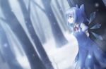  1girl arms_behind_back blue_dress blue_eyes blue_hair blurry blurry_background blush cirno commentary_request dress dutch_angle eyebrows_visible_through_hair feet_out_of_frame forest hair_between_eyes ice ice_wings medium_hair nature neck_ribbon nullpuni outdoors profile puffy_short_sleeves puffy_sleeves red_neckwear red_ribbon ribbon shirt short_sleeves sidelocks snow snowing solo standing touhou tree white_shirt wing_collar wings 