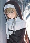  1girl against_wall bangs capelet church_interior day eyebrows_visible_through_hair gloves habit highres light_brown_hair light_rays long_hair looking_at_viewer momosuke_(ishakry) nijisanji sister_cleaire smile solo very_long_hair virtual_youtuber white_capelet white_gloves yellow_eyes 