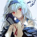  1girl bangs black_hairband black_jacket blue_hair collared_shirt dated expressionless eyebrows_visible_through_hair girls_frontline gloves hair_between_eyes hairband jacket long_hair long_sleeves looking_at_viewer neck_ribbon neck_scar neck_stitches off_shoulder red_eyes red_ribbon ribbon scar shirt signature simple_background solo thunder_(girls_frontline) upper_body white_shirt xiao_chichi 