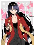  1girl black_hair breasts cigarette cleavage collarbone cosplay fate/grand_order fate_(series) formal green_eyes hand_in_pocket kyouna lord_el-melloi_ii saint_martha scarf smoke smoking solo suit tuxedo waver_velvet waver_velvet_(cosplay) 