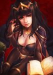  1girl absurdres black_eyes black_hair bodystocking bracelet breasts bridal_gauntlets cape cleavage covered_navel fire_emblem fire_emblem:_kakusei highres jewelry long_hair looking_at_viewer monori_rogue pelvic_curtain red_background solo tharja thigh_strap tiara 