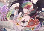  1boy animal_ears bare_shoulders blonde_hair blue_hair dragon green_hair holding looking_at_viewer multicolored_hair original paint paintbrush perspective pink_hair pointy_ears rainbow_hair red_eyes redhead short_hair skunkyfly white_background 