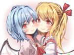  2girls artist_name ascot bat_wings blonde_hair blue_hair bow bowtie brooch cheek-to-cheek commentary_request crystal dress eyebrows_visible_through_hair flandre_scarlet frilled_shirt_collar frills gradient gradient_background hair_ribbon head_tilt highres jewelry multiple_girls no_hat no_headwear one_side_up pink_background pink_lips puffy_short_sleeves puffy_sleeves red_eyes red_neckwear red_ribbon red_vest remilia_scarlet ribbon shiromoru_(yozakura_rety) short_hair short_sleeves siblings sisters touhou twitter_username upper_body vest white_background white_dress wings yellow_bow yellow_neckwear 