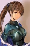  1girl black_bodysuit blue_dress blue_ribbon bodysuit breasts brown_eyes brown_hair closed_mouth dead_or_alive dead_or_alive_6 dress kasumi_(doa) large_breasts nannacy7 ninja ponytail ribbon skin_tight upper_body 