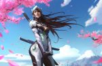  1girl armor bangs blue_sky breasts brown_eyes brown_hair cherry_blossoms clouds cowboy_shot cyborg day forehead_protector from_below genderswap genderswap_(mtf) genji_(overwatch) helmet highres katana light_smile long_hair looking_to_the_side medium_breasts mount_fuji mountain nose outdoors overwatch pants parted_lips power_armor qichao_wang realistic red_lips sheath sheathed sky solo sword tree_branch weapon 