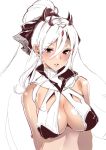  1girl bare_shoulders blush breasts character_request cleavage cofepig erect_nipples eyebrows_visible_through_hair horns large_breasts lips long_hair looking_at_viewer parted_lips partially_colored ponytail sennen_sensou_aigis sketch solo violet_eyes white_hair 