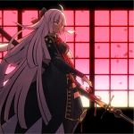  1girl ahoge arm_guards black_bow bow breasts cleavage_cutout commentary_request dark_skin fate/grand_order fate_(series) hair_bow highres holding holding_weapon katana koha-ace long_hair migiha okita_souji_(fate) okita_souji_alter_(fate) petals silver_hair solo sword tagme thigh-highs very_long_hair weapon window yellow_eyes 