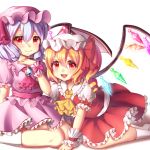  2girls arm_up bangs bat_wings blonde_hair brooch cravat cropped_legs crystal eyebrows_visible_through_hair fang fang_out feet_out_of_frame flandre_scarlet glowing hair_between_eyes hand_on_own_chest hands_on_ground hat hat_ribbon jewelry kneeling lavender_hair looking_at_viewer mob_cap momoyama_riyo multiple_girls open_mouth puffy_short_sleeves puffy_sleeves purple_shirt purple_skirt red_eyes red_neckwear remilia_scarlet ribbon shirt short_hair short_sleeves siblings side_ponytail simple_background sisters sitting skirt skirt_set smile socks sparkle touhou wariza white_background white_legwear wings wrist_cuffs yellow_neckwear 
