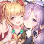  2girls animal_ears bangs bare_shoulders blonde_hair blush cape cheek-to-cheek commentary_request detached_sleeves dress eyebrows_visible_through_hair granblue_fantasy hair_between_eyes hair_ornament hair_over_one_eye hair_stick harvin long_hair long_sleeves looking_at_viewer mahira_(granblue_fantasy) midriff multiple_girls nio_(granblue_fantasy) open_mouth outstretched_hand pointy_ears ponytail portrait purple_hair reaching_out red_eyes sidelocks smile topia very_long_hair violet_eyes wide_sleeves 
